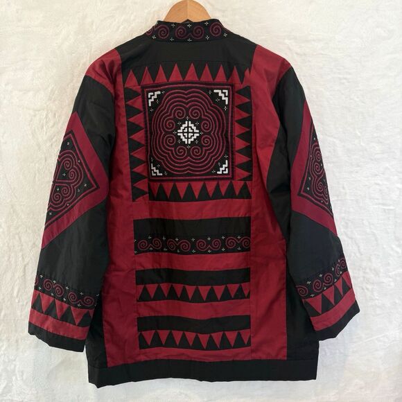 Handmade Quilt Jacket Red Black Patchwork Boho Festival Folk Art Large - Picture 2 of 11